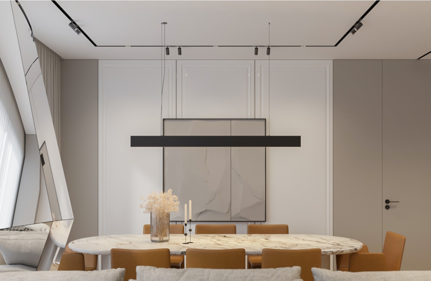 Contemporary dining room with a minimalist design, featuring a marble table, tan chairs, and sleek overhead lighting, showcasing the essence of modern Home Renovation.