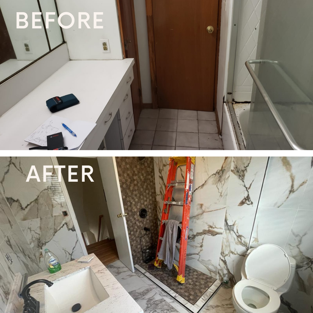 Comparison of a Brooklyn bathroom renovation before and after, highlighting the upgrade from a classic style to a contemporary marble-finished bathroom with enhanced lighting, modern fixtures, and a sophisticated color scheme