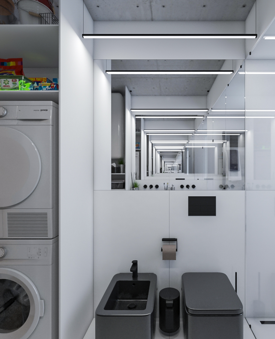 ArchiBuilders' innovative Brooklyn bathroom renovation featuring a sleek black and gray modern laundry space.