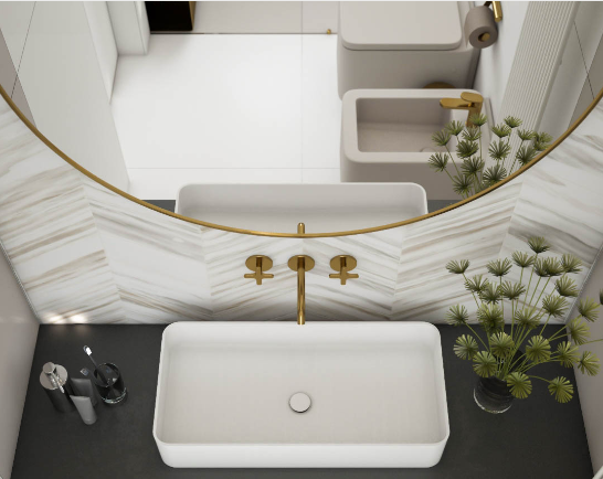 Elegant overhead view of a white rectangular basin with gold fixtures by ArchiBuilders, a testament to our bathroom renovations in Brooklyn, NY.
