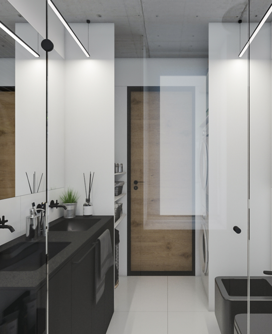 ArchiBuilders' industrial-style bathroom renovation in Brooklyn, showcasing a minimalist sink and mirror design.