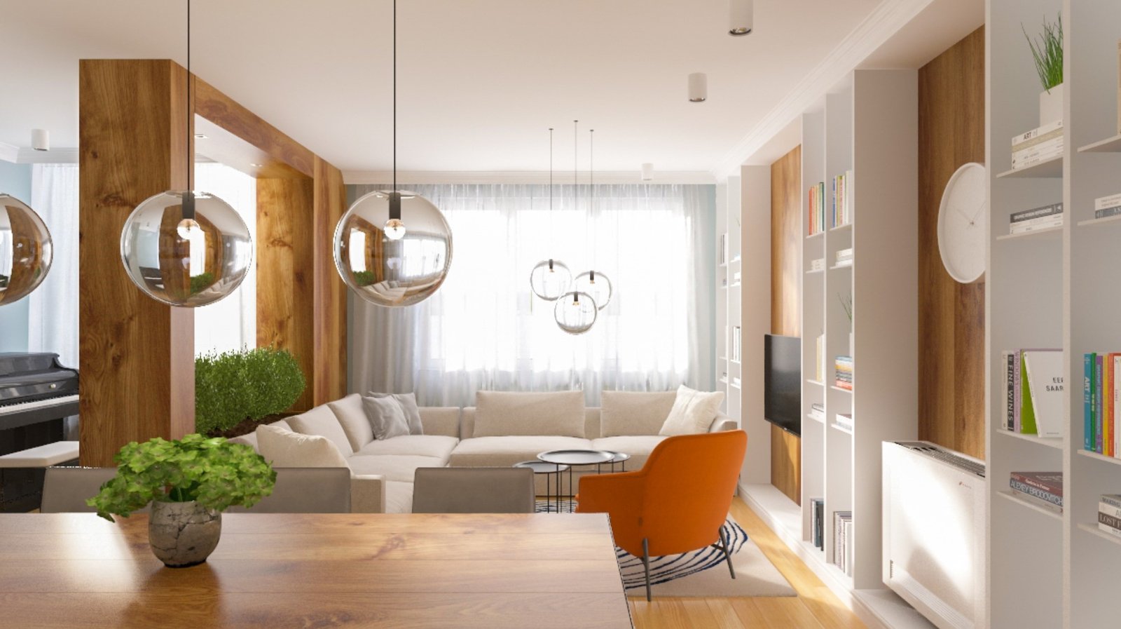 Stylish home renovation featuring a blend of wooden accents, contemporary spherical pendant lights, and a cozy living area with an orange accent chair