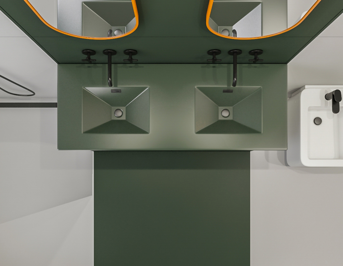 Top view of a green and gray bathroom sink area, exemplifying ArchiBuilders' precision in bathroom renovations in Brooklyn.