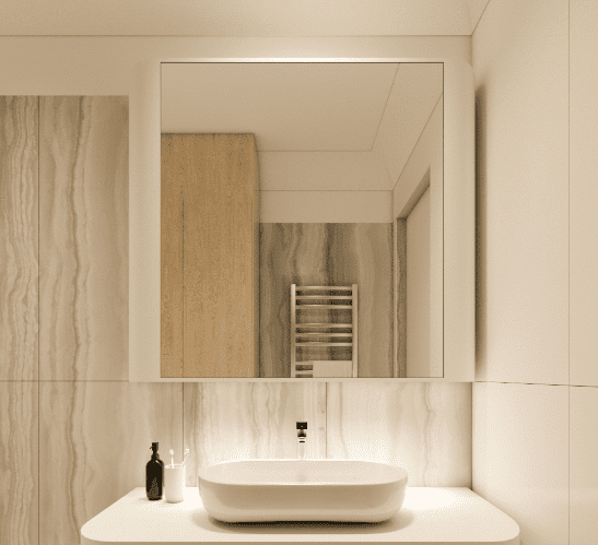 ArchiBuilders' natural color bathroom upgrade in Brooklyn, with a vessel sink and a large, well-lit mirror reflecting a serene ambiance