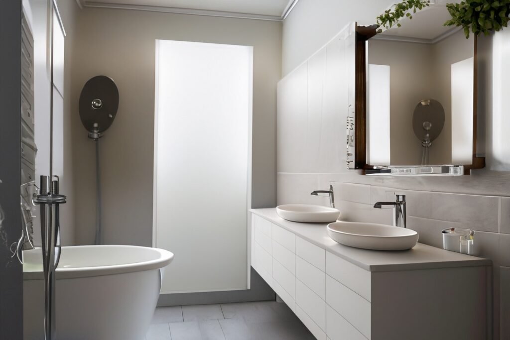 Before and after comparison of a bathroom transformation, featuring the old outdated design and the new sleek, contemporary look post-renovation