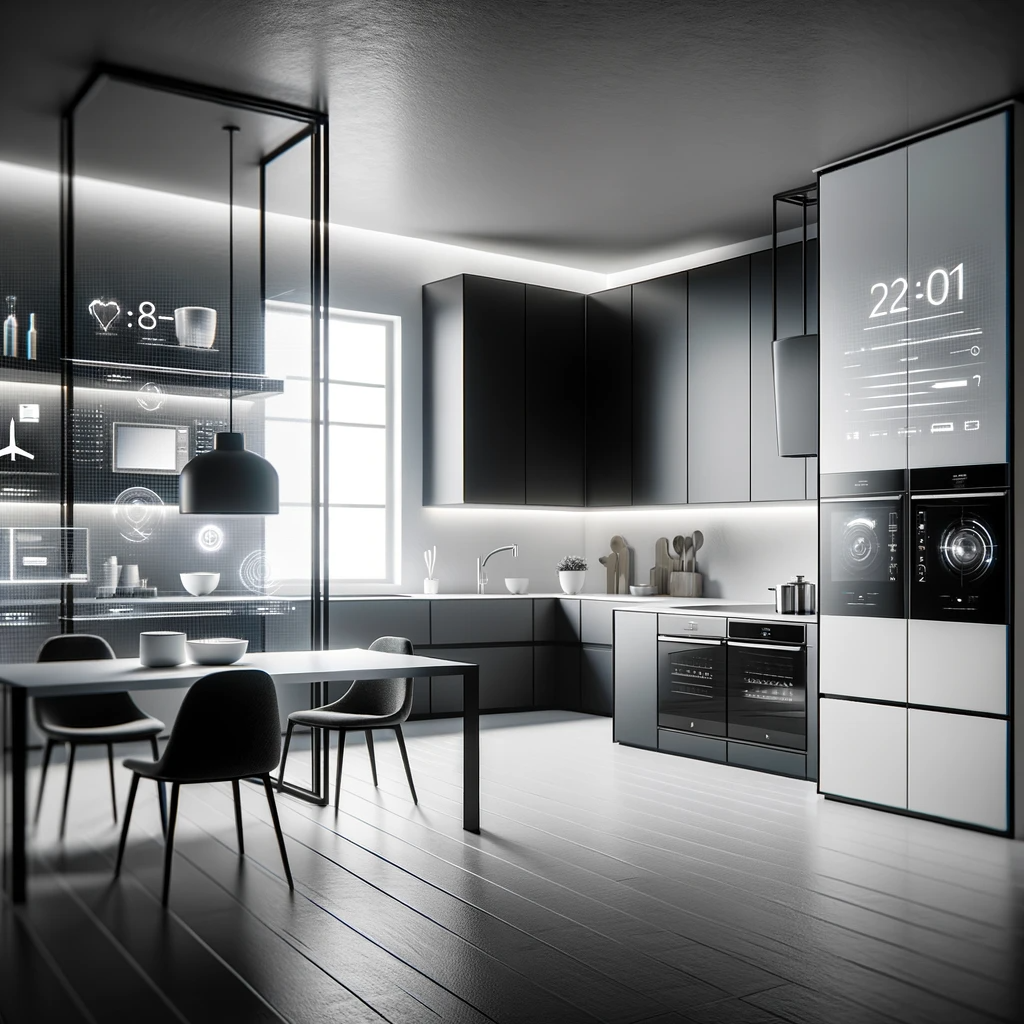 Modern minimalist kitchen in Westchester, featuring black and white tones, high-tech appliances, and a sleek design highlighting efficiency and advanced technology.
