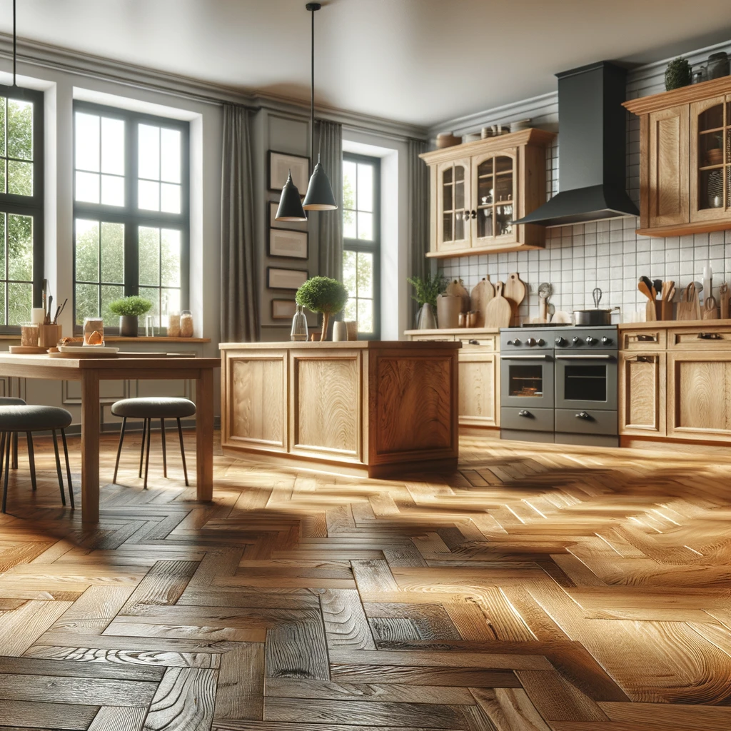 A cozy kitchen featuring hardwood kitchen flooring, highlighting the natural elegance and warmth of wood in home design