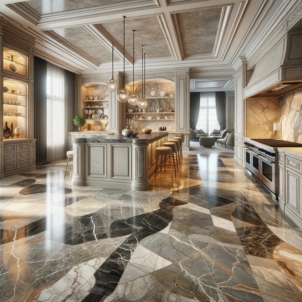 Displays a luxurious kitchen with natural stone flooring, focusing on the grandeur and timeless appeal of granite, marble, and slate
