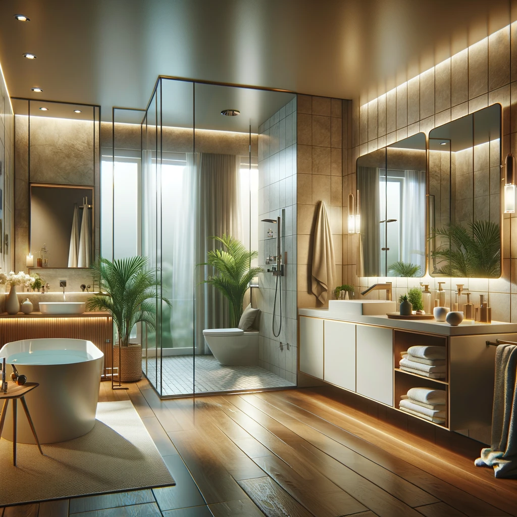 Modern bathroom design with sleek fixtures and a freestanding bathtub, showcasing luxury within a Bathroom Remodel Budgeting plan