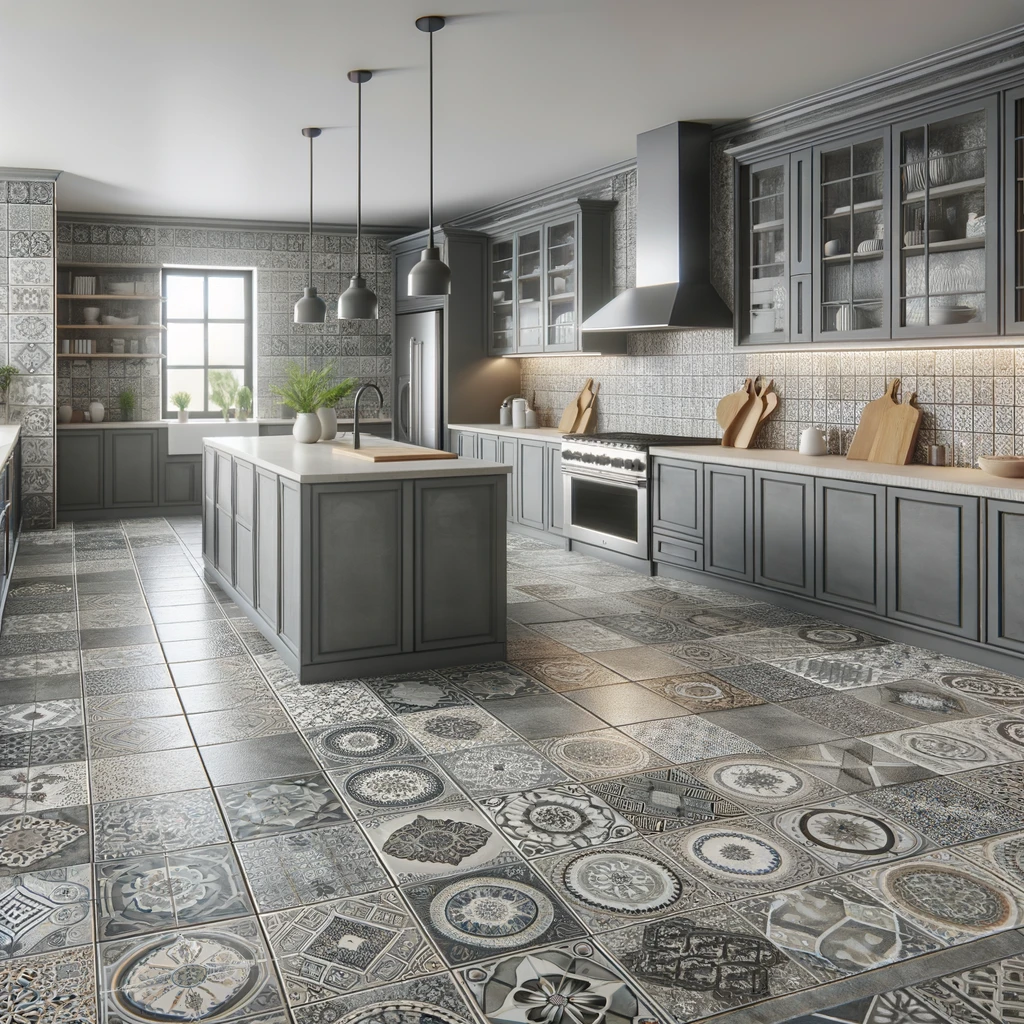 Modern kitchen with durable tile kitchen flooring in ceramic and porcelain, showcasing intricate patterns and easy maintenance.