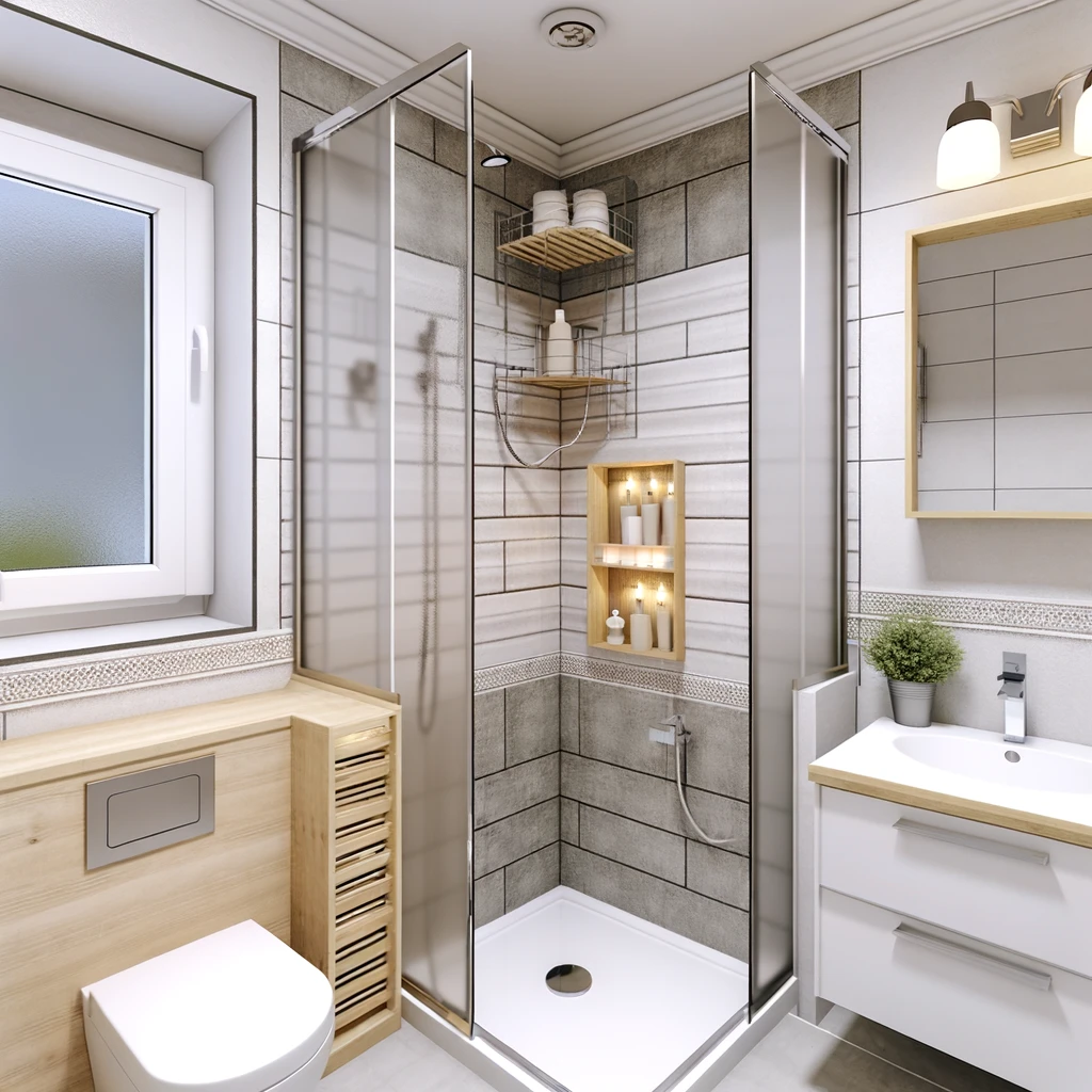 Cost-effective and stylish bathroom layout with a corner shower and subway tile pattern, illustrating smart Bathroom Remodel Budgeting