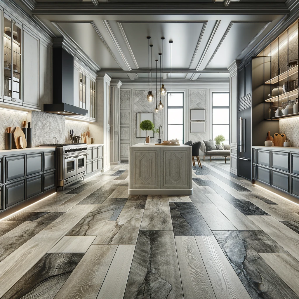 Illustrates an elegant kitchen with luxury vinyl flooring that replicates stone and wood textures, showcasing the practicality and versatility of vinyl