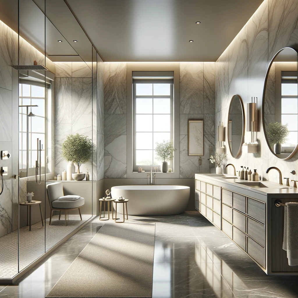 Sophisticated bathroom remodel showcasing a spacious layout with natural light, a double vanity set against marble walls, a modern glass-enclosed shower, and a freestanding soaking tub, embodying high-end design within budge