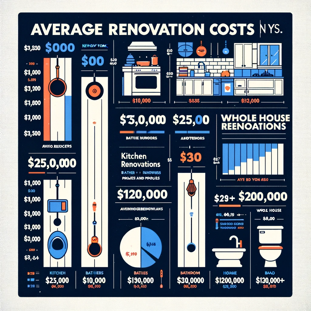 An Infographic Detailing the Average Costs for Various Renovation Projects: "An infographic presenting the average costs of kitchen renovations, bathroom upgrades, and whole house renovations in New York. The design is simple, with clear, bold fonts and icons representing each type of renovation project, making it easy to understand the potential expenses involved in New York home renovations.