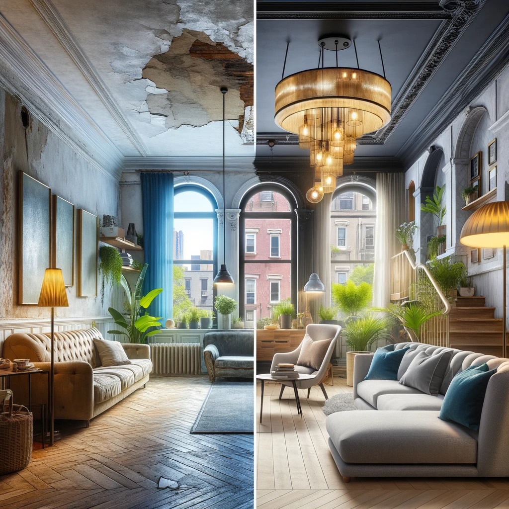 Before and After Renovation Photo: Dramatic transformation of a New York home from outdated to modern through renovation, highlighting the impact of skilled design and craftsmanship.