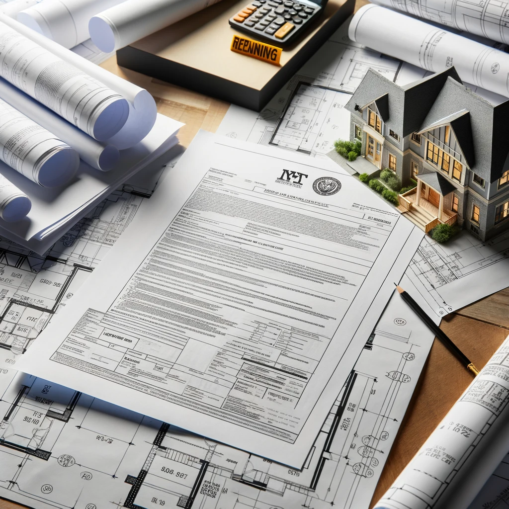 Blueprints and Permits: "Blueprints, permits, and architectural drawings on a table, showcasing the detailed planning and compliance in New York home renovations