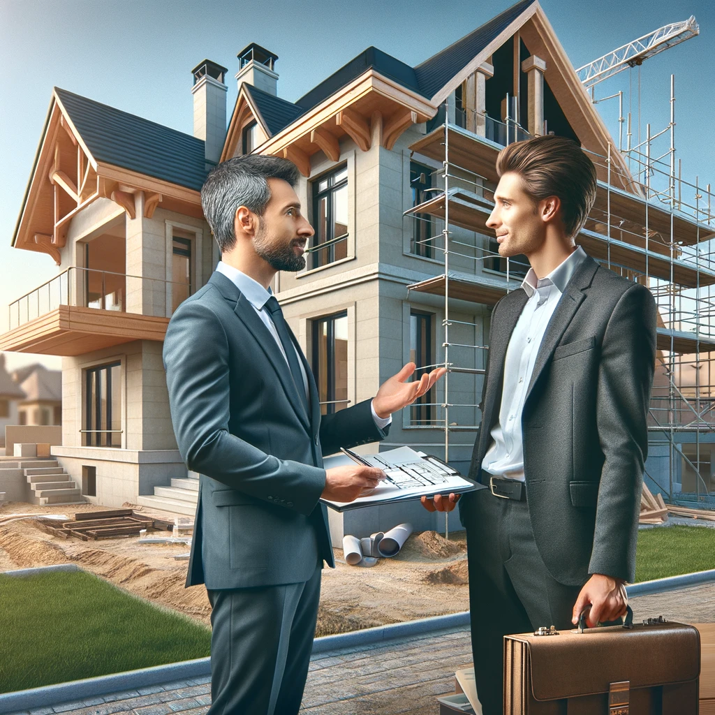 Homeowner and Contractor Discussion: "A homeowner discusses plans with a High-End Residential Contractor NYC, with a luxury home under construction in the backdrop."