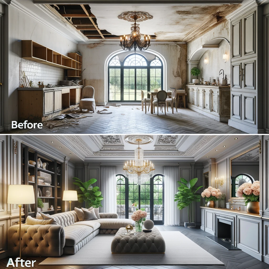 Luxurious Home Transformation Before and After: "Before and after transformation by a High-End Residential Contractor NYC, showing an outdated space turned into a luxurious, modern home."