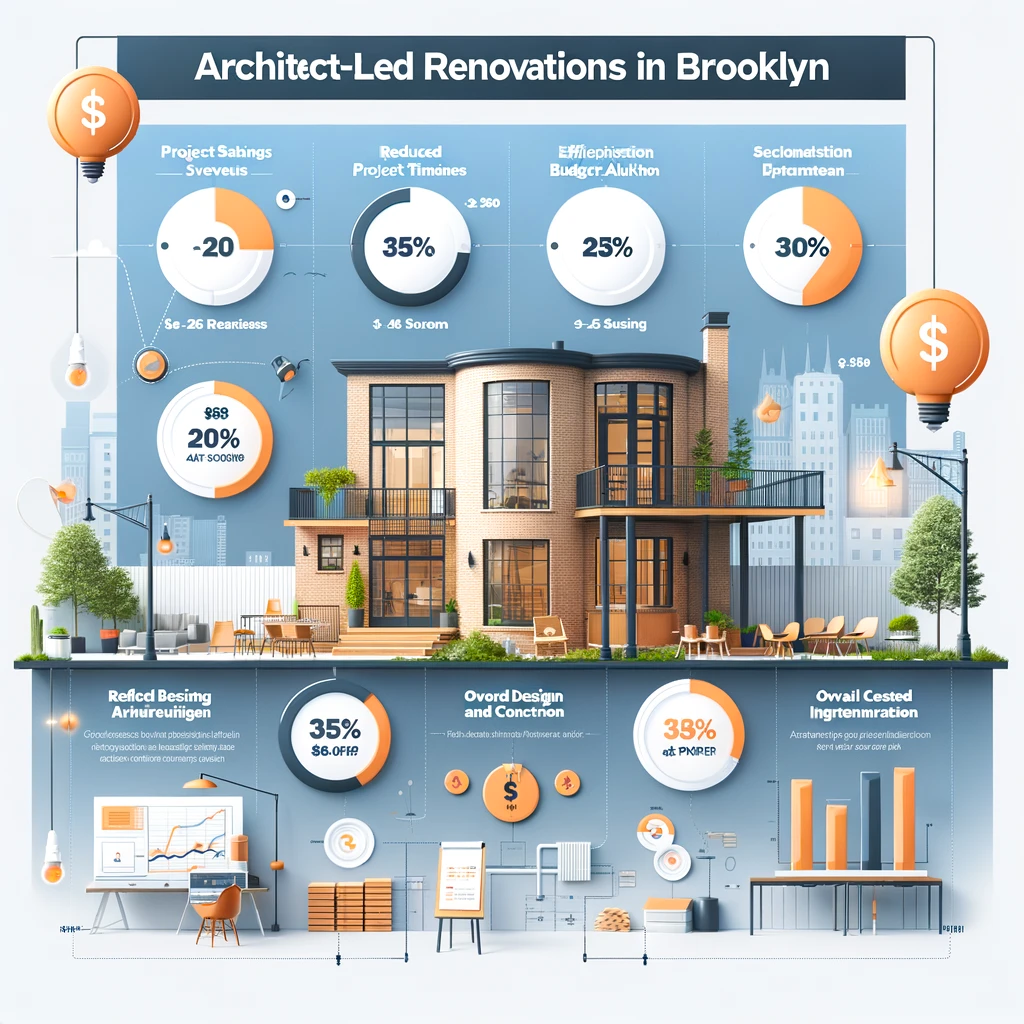 Realistic infographic detailing the cost savings, efficiency, and effectiveness of architect-led Brooklyn home renovations, with visual representations of reduced timelines and budget management