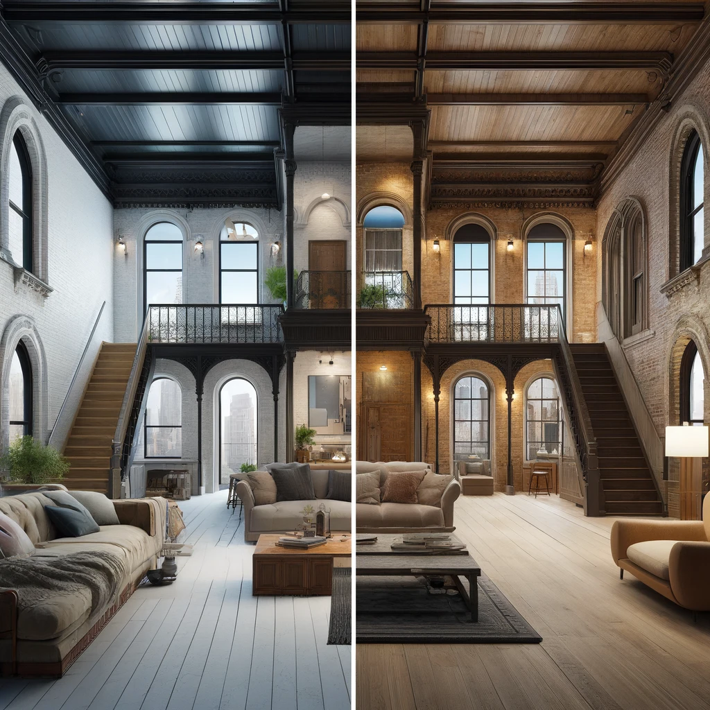 Before and after images of a Manhattan loft and Brooklyn brownstone renovation by ArchiBuilders, showcasing modern updates and historical preservation