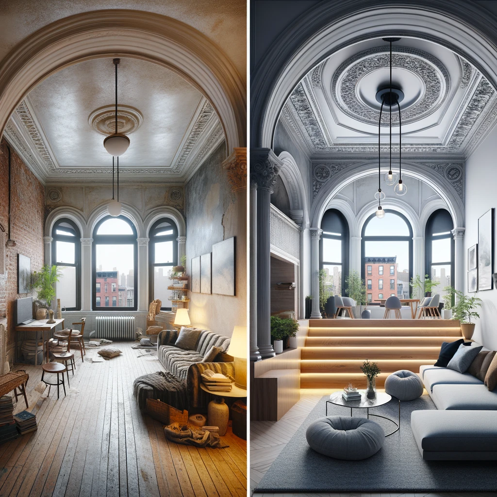 Dramatic before and after transformation of a Brooklyn home renovation, showing a shift from an outdated space to a modern, spacious living area
