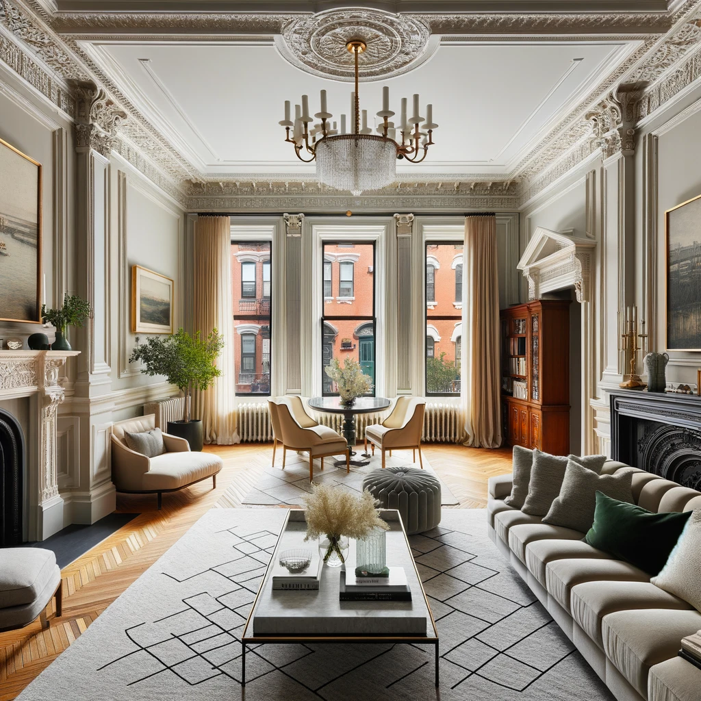 Home Renovation Brooklyn: An elegant living room in a renovated Brooklyn home, featuring a mix of historic architectural details and modern décor.