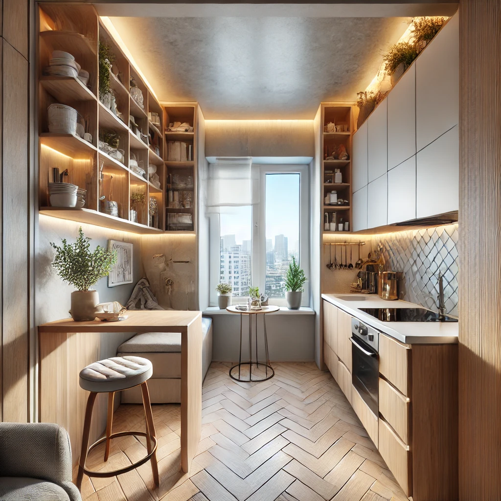 Luxury home renovation in Brooklyn featuring a small kitchen with smart storage solutions and ample natural light